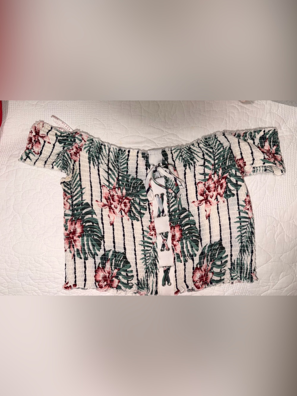 Guess White Floral Stripe Off-Shoulder Crop Top